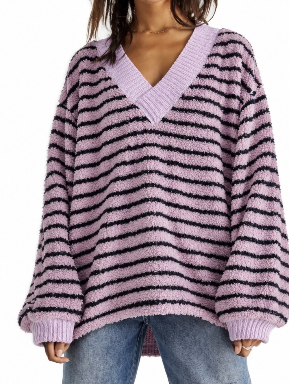 Free People • Connell Stripe Faux Fur Sweater Fuzzy Teddy in Pink/Black